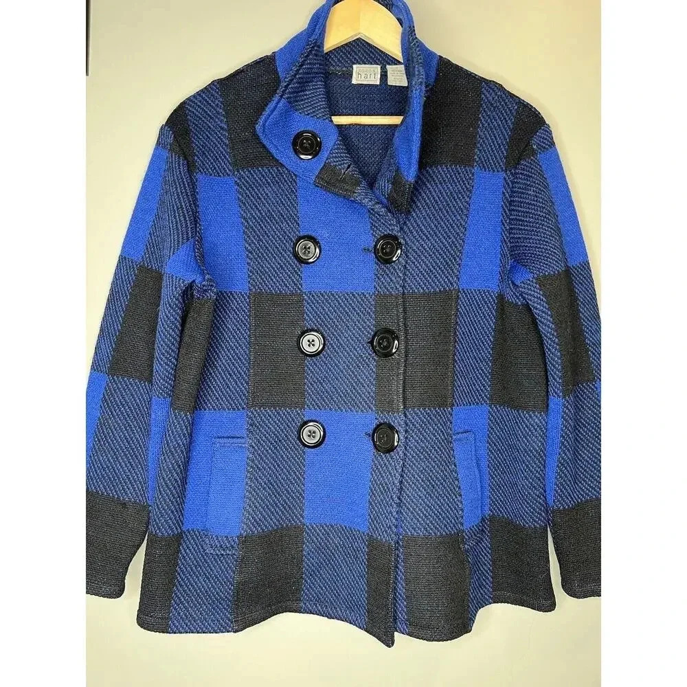 Keren Hart Blue Buffalo Plaid Double Breasted 100% Wool Jacket Size Medium - Picture 2 of 5